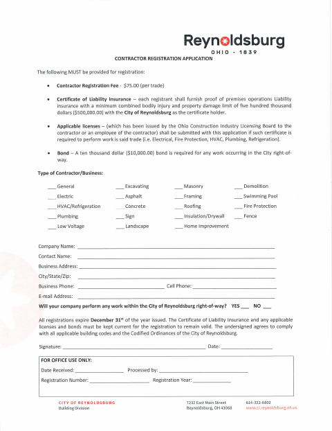 First page of the Contractor Registration Application