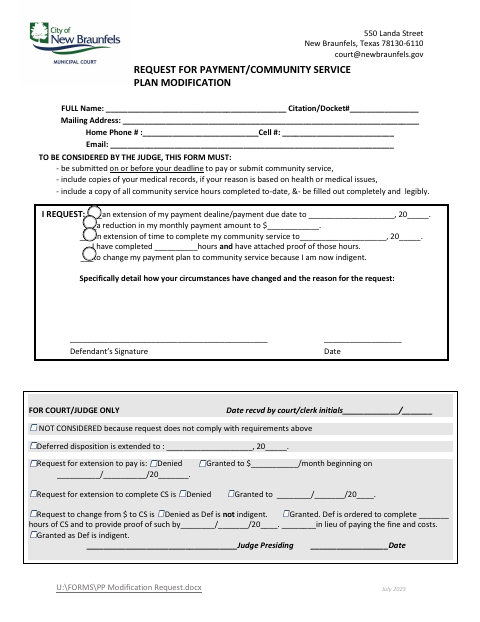 First page of the Request for Payment/Community Service Plan Modification
