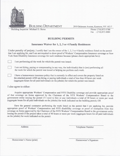 First page of the Homeowner’s Waiver – Building