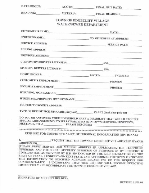 First page of the Residential Water Service Application