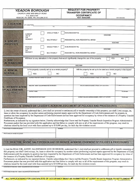 First page of the Property Transfer Certificate of Occupancy Application