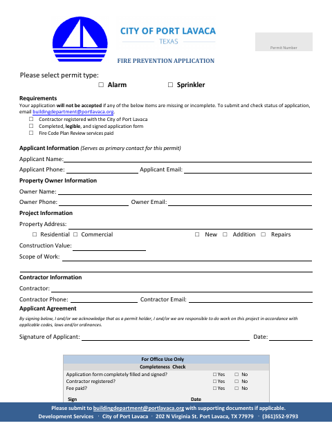 First page of the Fire Prevention Application