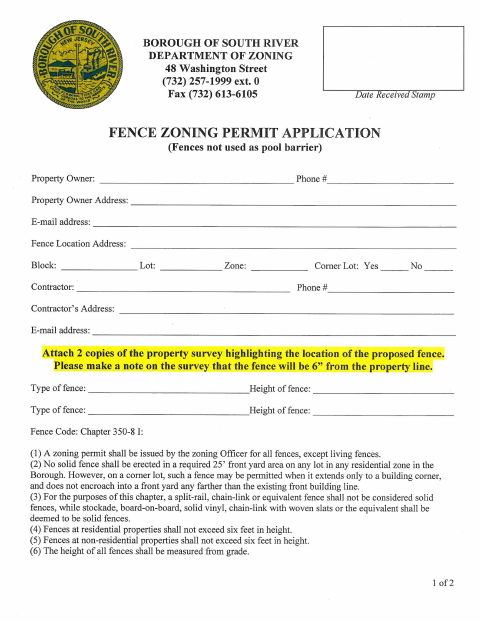First page of the Fence Zoning Permit Application