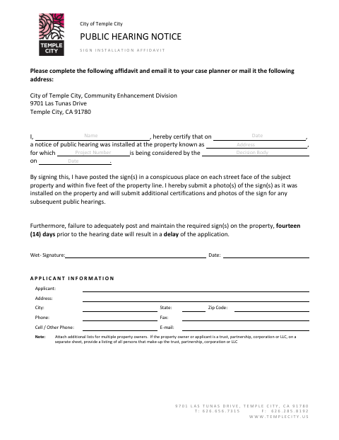 First page of the Public Hearing Notice Sign Installation Affidavit