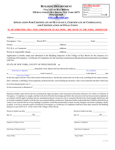 First page of the Certificate of Occupancy, Certificate of Compliance, and Final Costs Application