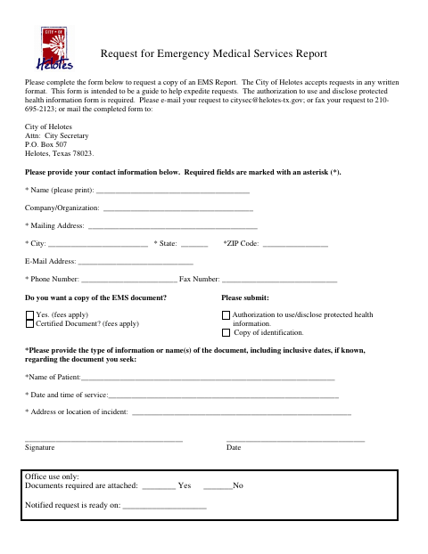 First page of the Request for Emergency Medical Services Report