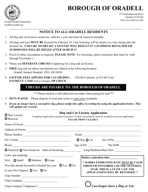 First page of the Dog And Cat License Application