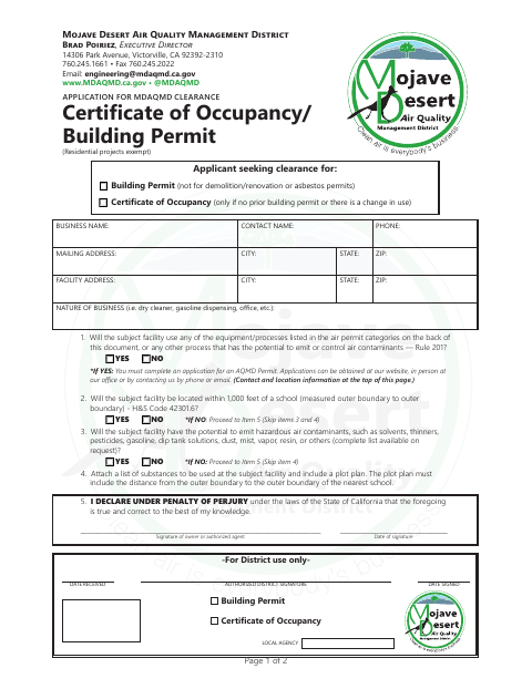 First page of the Application for MDAQMD Clearance