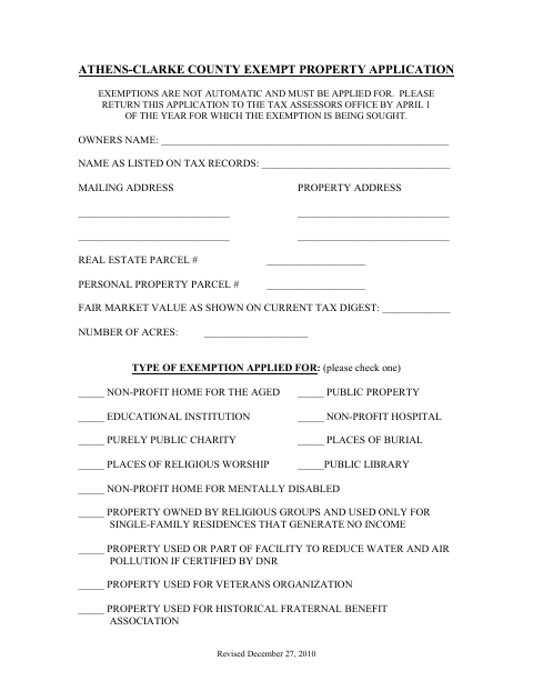 First page of the Exempt Property Application