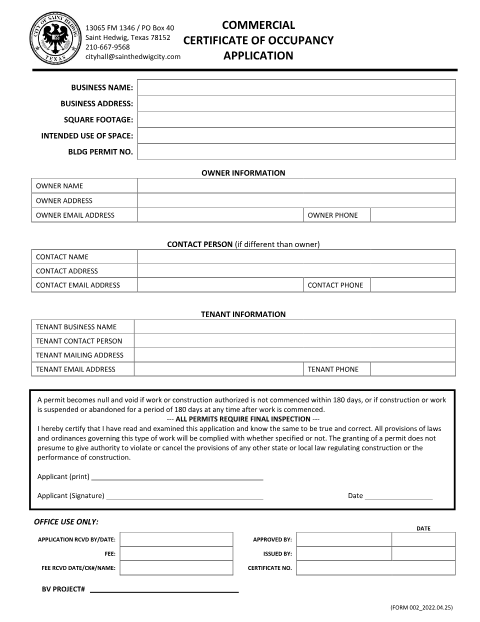 First page of the Commercial Certificate of Occupancy Application