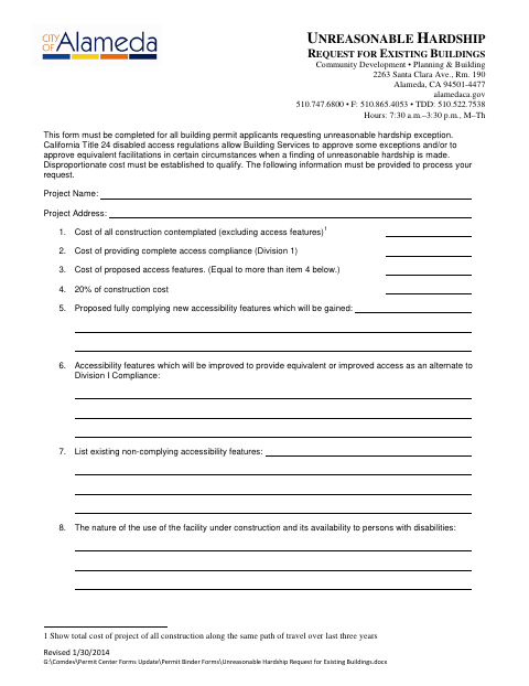 First page of the Unreasonable Hardship Request for Existing Buildings