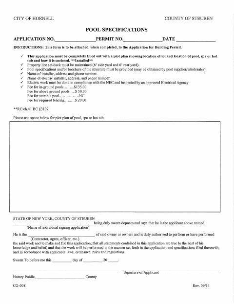 First page of the Pool Specifications Application