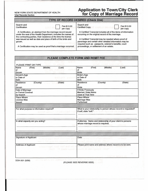 First page of the Application to Local Registrar for Copy of Marriage Record