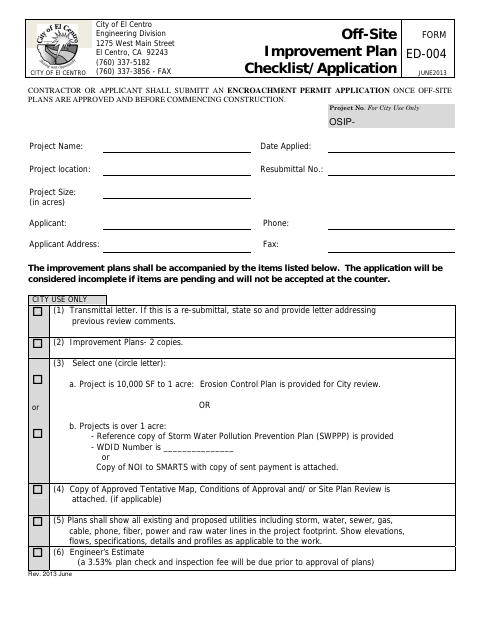 First page of the Off-Site Improvement Plan Checklist/Application