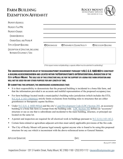 First page of the Farm Building Exemption Affidavit