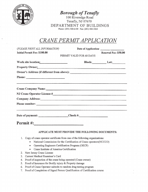 First page of the Crane Permit Application