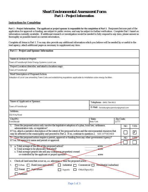 First page of the Short Environmental Assessment Form Part 1 – Project Information
