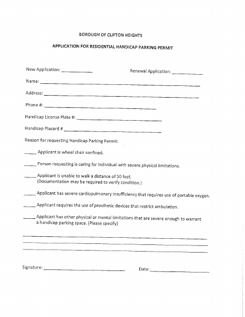 First page of the Residential Handicap Parking Permit Application