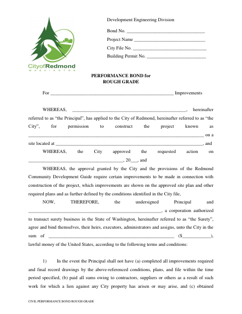 First page of the Performance Bond for Rough Grade