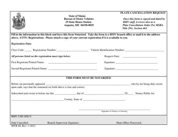 First page of the Plate Cancellation Request