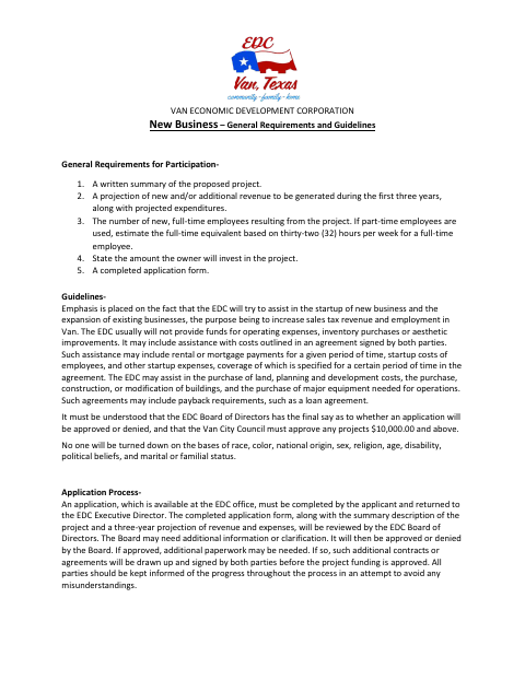 First page of the Economic Development Business Assistance Application