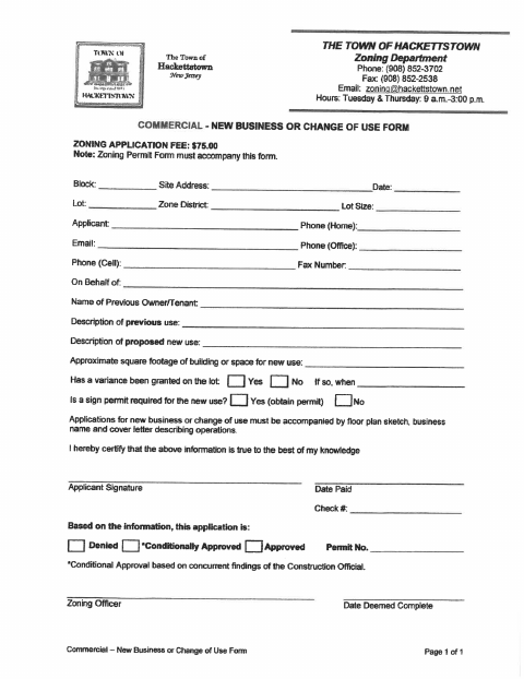 First page of the Commercial New Business or Change of Use Form