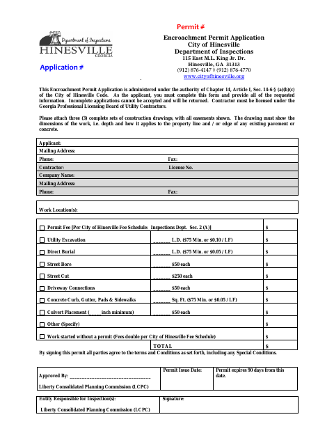 First page of the Encroachment Permit Application