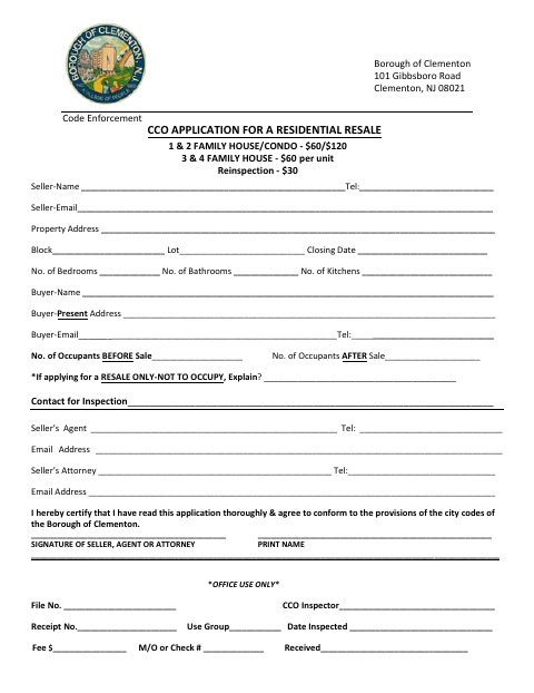 First page of the Residential Resale Certificate of Occupancy Application