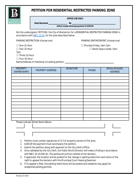 First page of the Petition for Residential Restricted Parking Zone