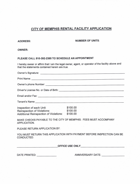First page of the Rental Inspection Application