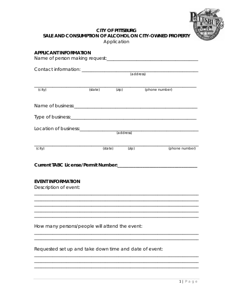 First page of the Sale and Consumption of Alcohol on City-Owned Property Application