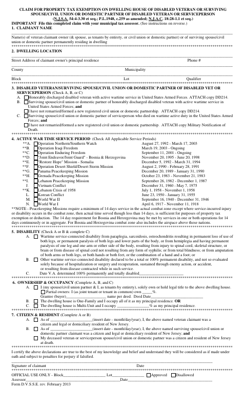 First page of the Disabled Veteran Property Tax Exemption Claim