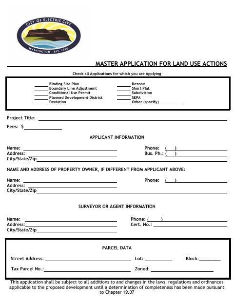 First page of the Master Application for Land Use Actions