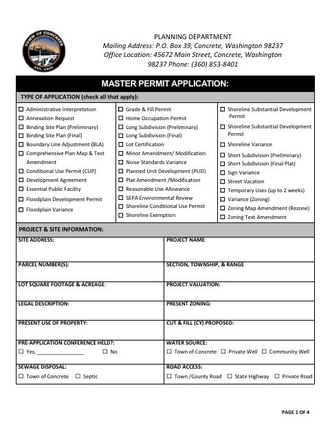 First page of the Master Permit Application