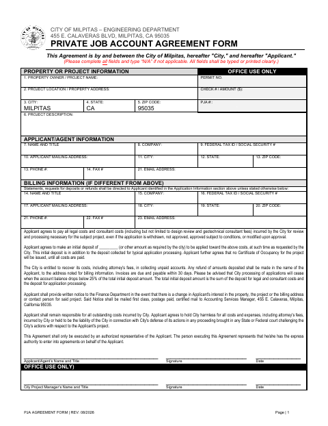 First page of the Private Job Account Agreement Form