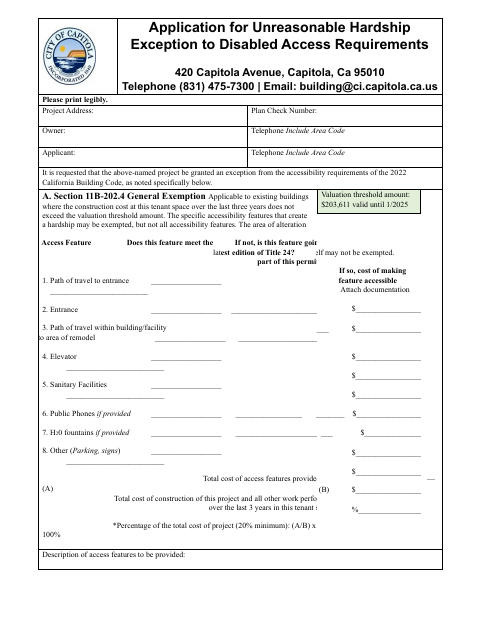 First page of the Application for Unreasonable Hardship Exception to Disabled Access Requirements