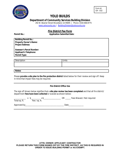 First page of the Fire District Fee Form
