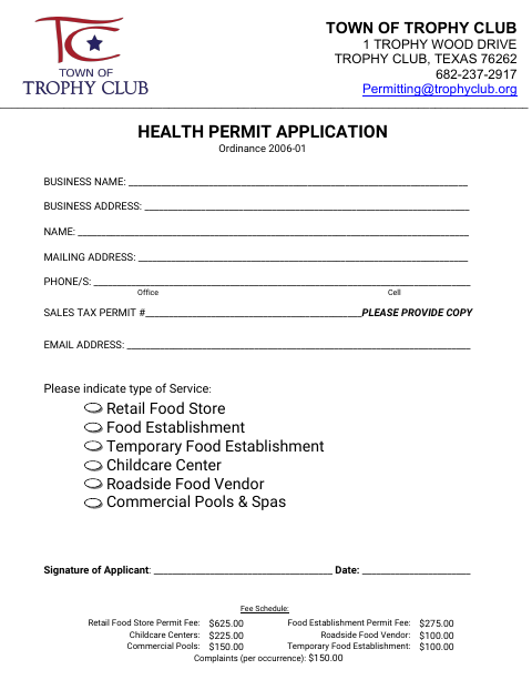 First page of the Health Permit Application