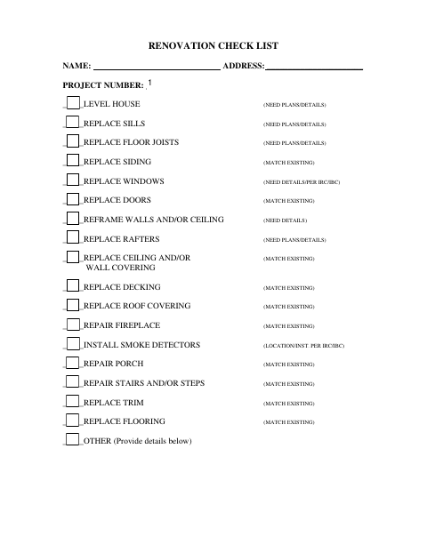 First page of the Renovation Check List