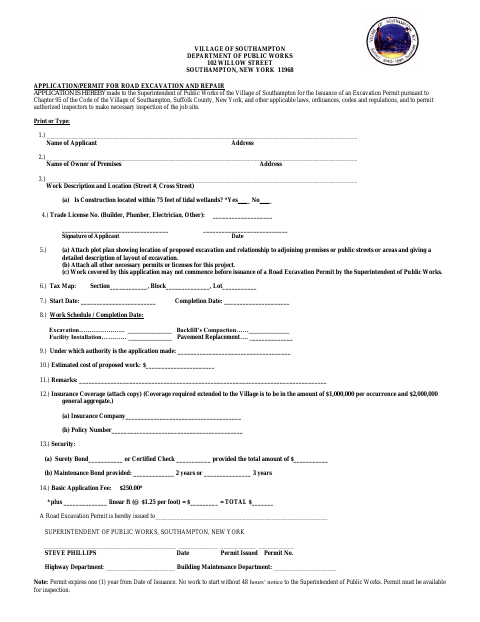 First page of the Road Excavation and Repair Permit Application