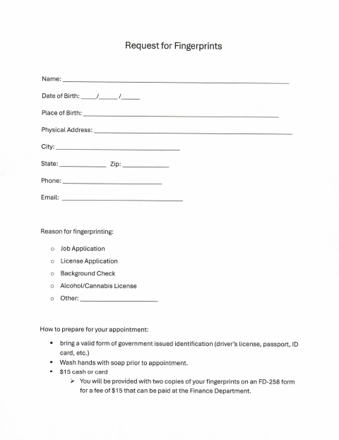 First page of the Request for Fingerprints