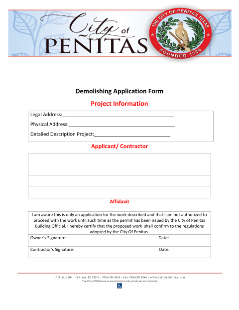 First page of the Demolishing Application Form