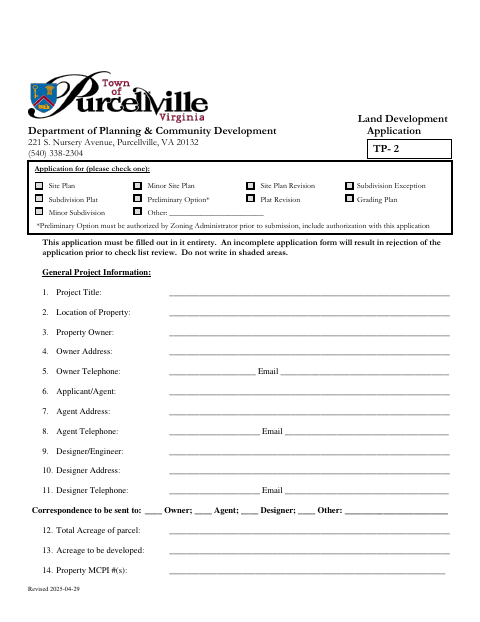 First page of the Land Development Application