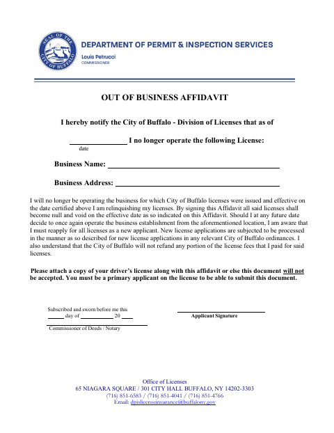 First page of the Out of Business Affidavit