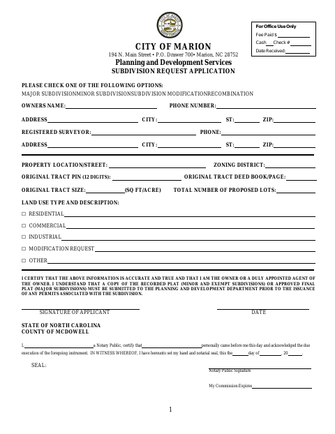 First page of the Subdivision Request Application