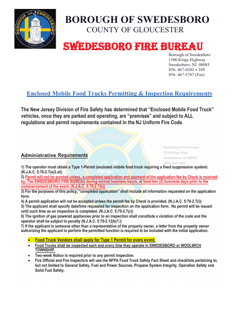 First page of the Food Truck Type 1 Permit Application