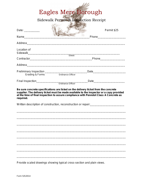 First page of the Sidewalk Permit & Inspection Receipt Form