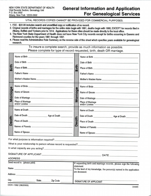 First page of the Genealogical Services Application