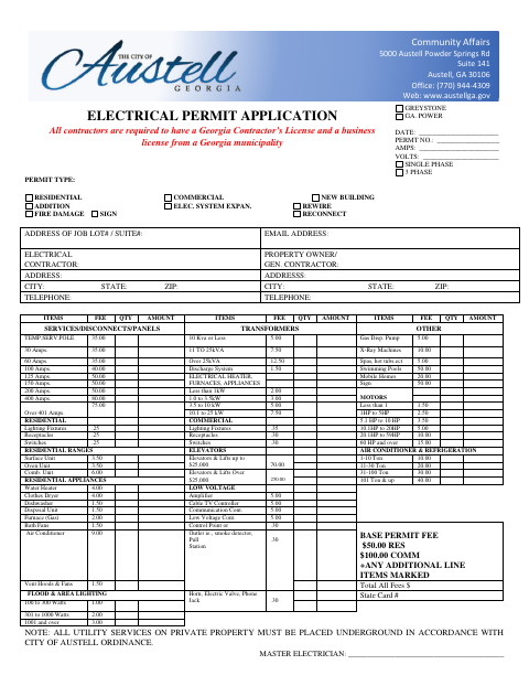 First page of the Electrical Permit Application
