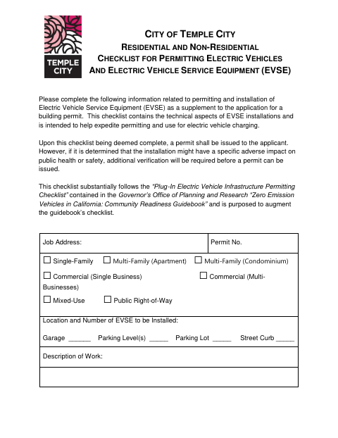 First page of the Residential and Non-Residential EVSE Permitting Checklist